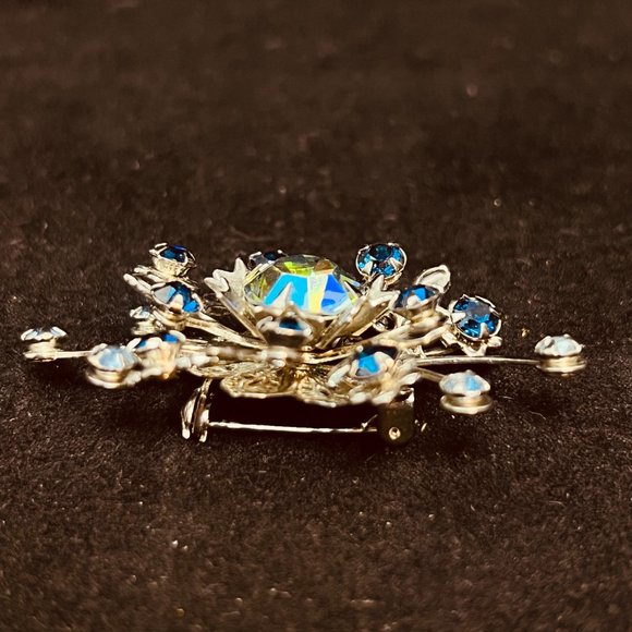 Silver Tone, Blue AB Rhinestones & Other Blue Rhinestones Floral Brooch (3811) - Picture 5 of 5